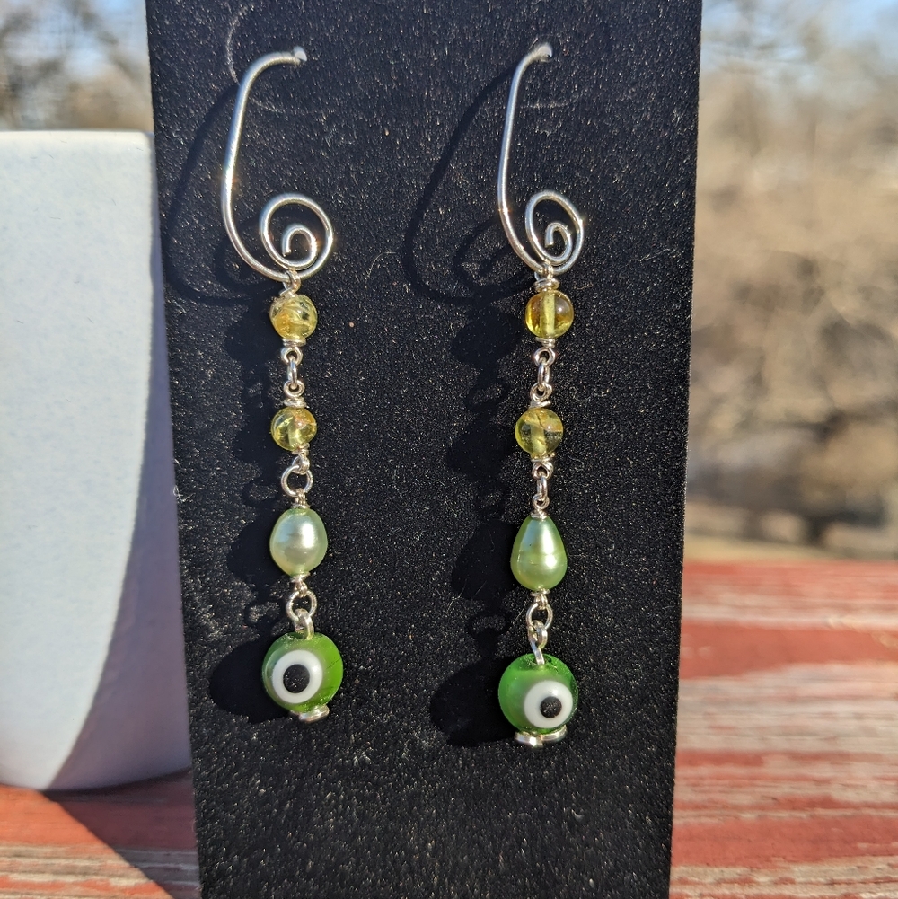 Pearl Peridot Green Lucky Eye Charm Earrings Artisan Handmade
